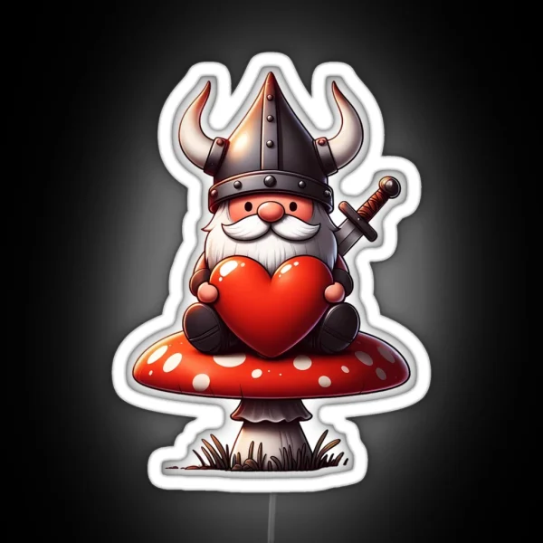 Viking Gnome Red Heart On Mushroom Valentines Day RGB Neon Sign