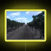 A vineyard row with neon-lit grape bunches under a night sky
