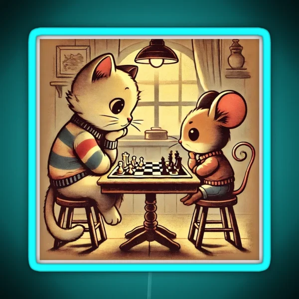 Vintage Cat And Mouse Chess Match RGB Neon Sign