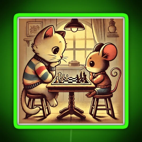Vintage Cat And Mouse Chess Match RGB Neon Sign