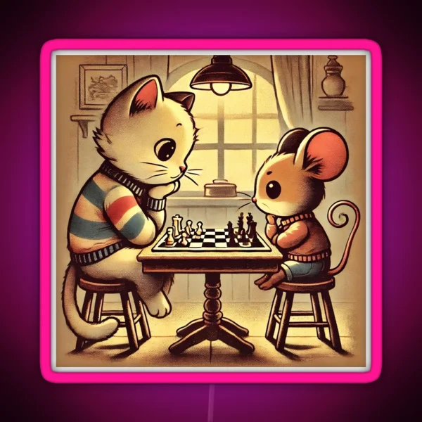 Vintage Cat And Mouse Chess Match RGB Neon Sign