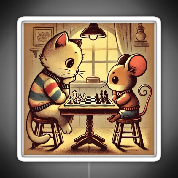 Vintage Cat And Mouse Chess Match RGB Neon Sign