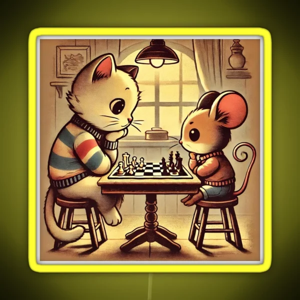 Vintage Cat And Mouse Chess Match RGB Neon Sign