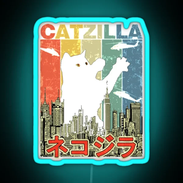 Vintage Catzilla Japanese Sunset Style Cat Kitten Lover RGB Neon Sign