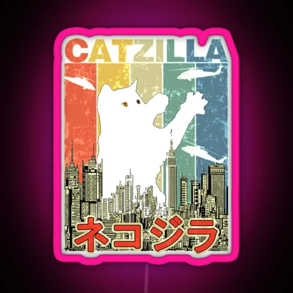 Vintage Catzilla Japanese Sunset Style Cat Kitten Lover RGB Neon Sign