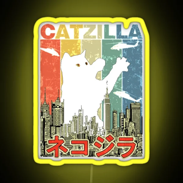 Vintage Catzilla Japanese Sunset Style Cat Kitten Lover RGB Neon Sign