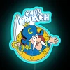Vintage LED neon sign advertising Crunch cereal in blue color scheme.