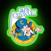 Vintage-style LED sign advertising Crunch cereal in green neon lights.