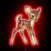 Neon-lit vintage deer silhouette against a colorful cityscape backdrop.