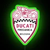Retro Ducati racing neon sign with vibrant green hues.