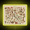 Vintage mushroom identification chart with neon colors and edibility labels.