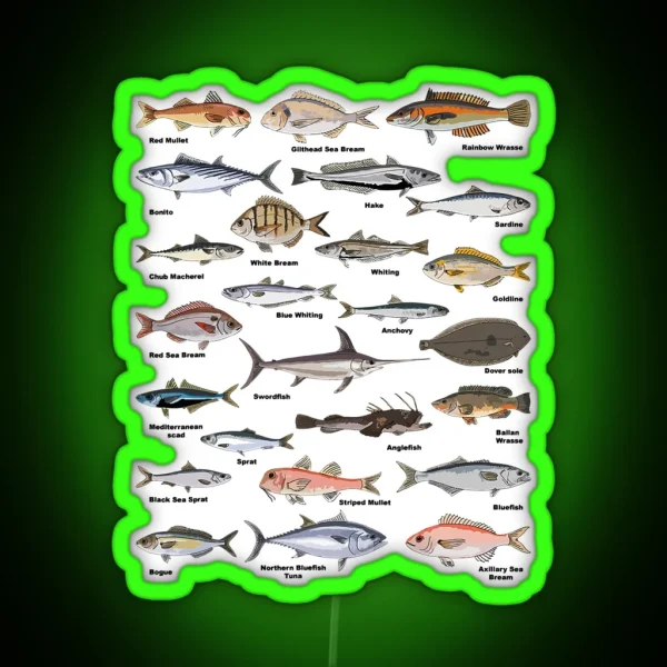 Vintage Fish Identification Chart Fishing RGB Neon Sign