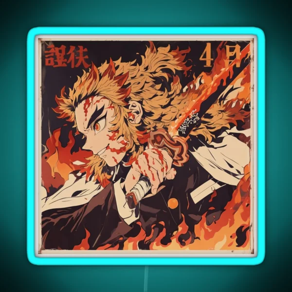Vintage Flame Hashira Rengoku Canvas Print RGB Neon Sign