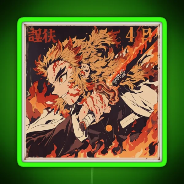 Vintage Flame Hashira Rengoku Canvas Print RGB Neon Sign