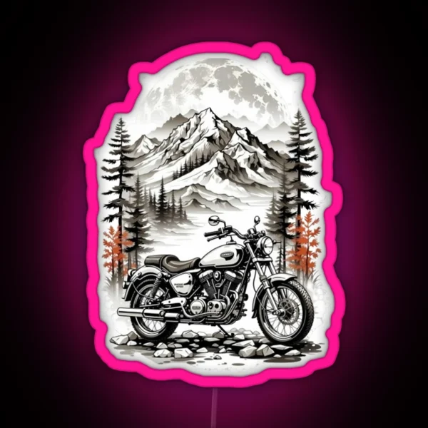 Vintage Harley Motorcycle With Mountain Scenery RGB Neon Sign