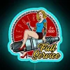Vintage LED full service RGB neon sign with blue lights on a retro background.