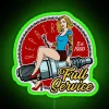 Vintage LED full service neon sign with green glow on a storefront.