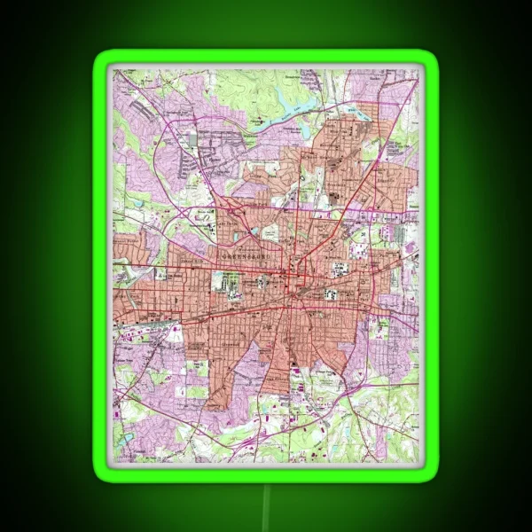 Vintage Map Of Greensboro North Carolina 1951 2 RGB Neon Sign