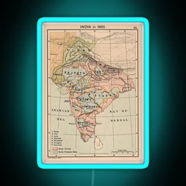 Vintage Map Of India 1823 RGB Neon Sign