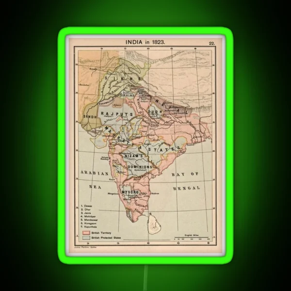 Vintage Map Of India 1823 RGB Neon Sign