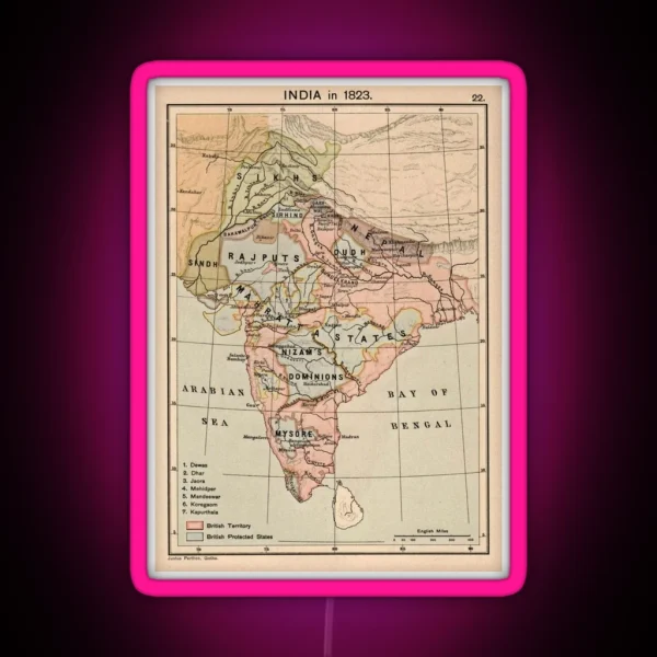 Vintage Map Of India 1823 RGB Neon Sign