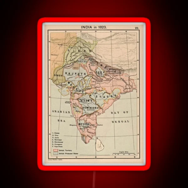 Vintage Map Of India 1823 RGB Neon Sign