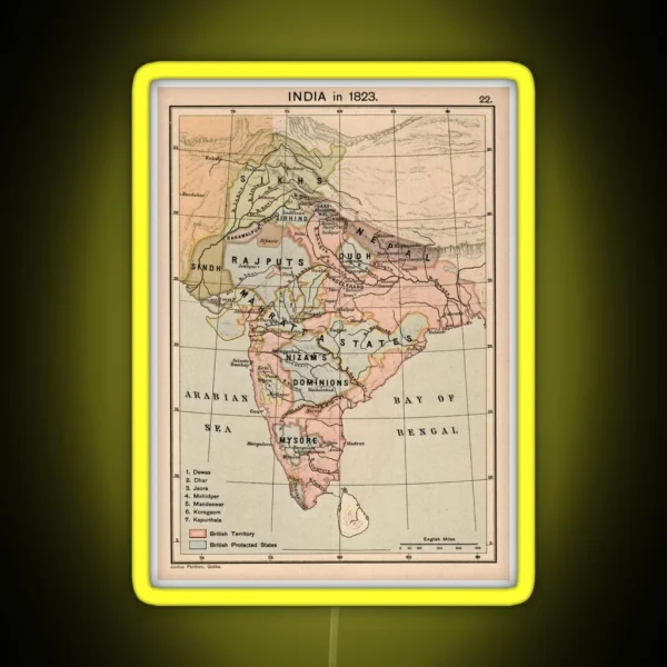 Vintage Map Of India 1823 RGB Neon Sign