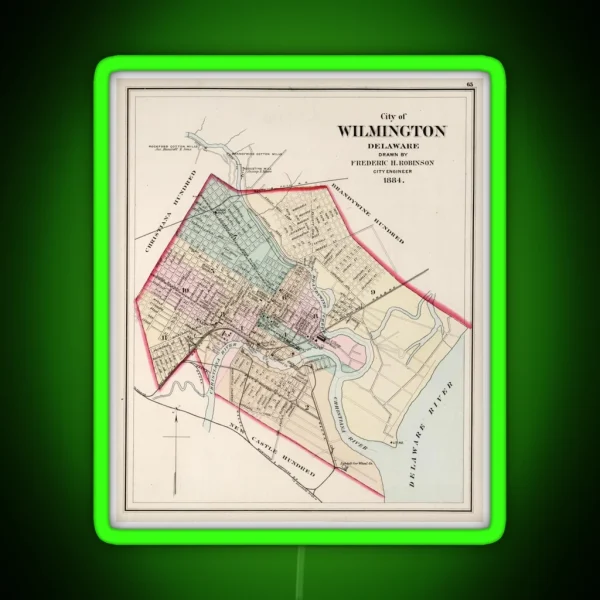 Vintage Map Of Wilmington Delaware 1884 RGB Neon Sign