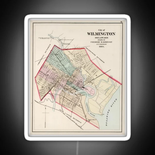 Vintage Map Of Wilmington Delaware 1884 RGB Neon Sign