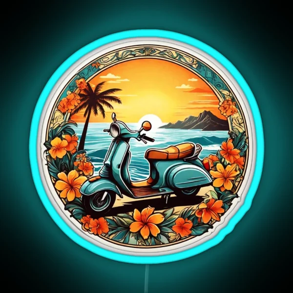 Vintage Moped At Sunset RGB Neon Sign