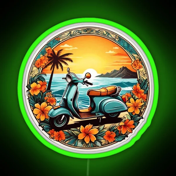 Vintage Moped At Sunset RGB Neon Sign