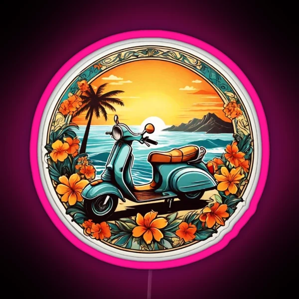 Vintage Moped At Sunset RGB Neon Sign