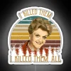 Vintage neon sign with murder theme in pastel colors.