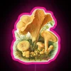 Neon mushroom sign with pink accents in a vintage style.
