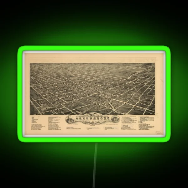 Vintage Pictorial Map Of Greensboro NC 1891 RGB Neon Sign