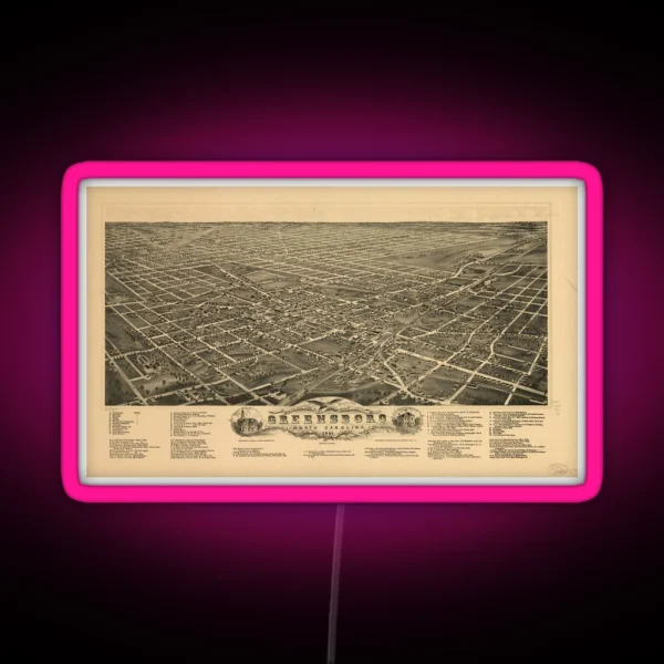 Vintage Pictorial Map Of Greensboro NC 1891 RGB Neon Sign