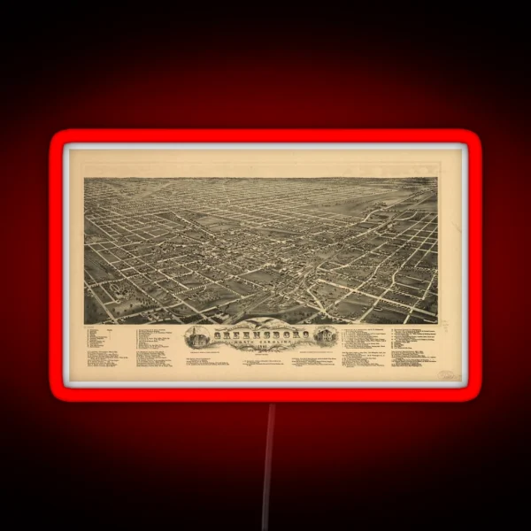 Vintage Pictorial Map Of Greensboro NC 1891 RGB Neon Sign
