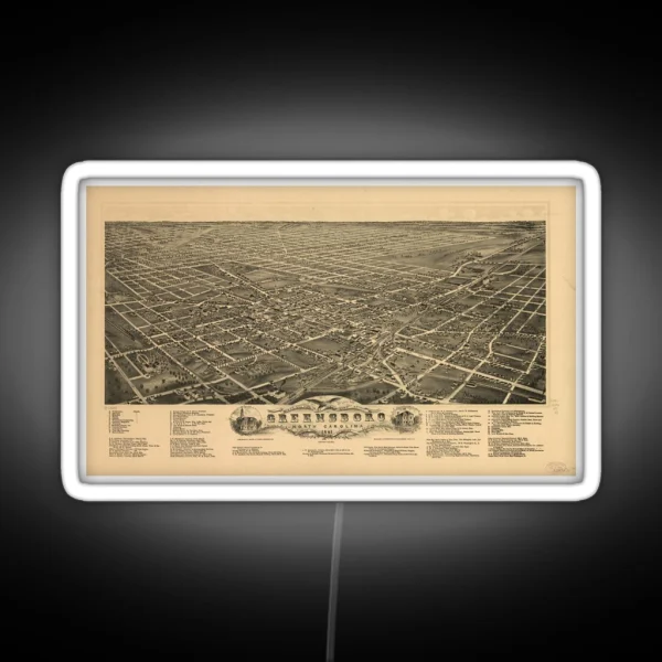 Vintage Pictorial Map Of Greensboro NC 1891 RGB Neon Sign