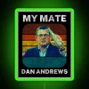 Politician Dan Andrews in a vintage neon sign design with a humorous, retro aesthetic.