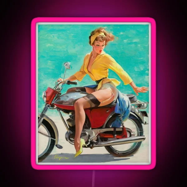 Vintage Retro Motorcycle Bike Rider Pin Up RGB Neon Sign