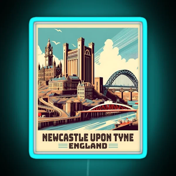 Vintage Retro Newcastle Upon Tyne England Landmarks RGB Neon Sign