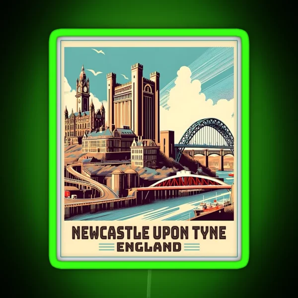Vintage Retro Newcastle Upon Tyne England Landmarks RGB Neon Sign