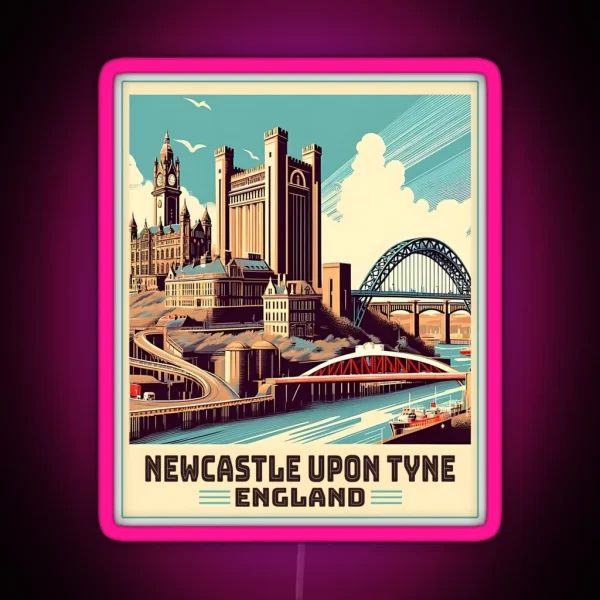 Vintage Retro Newcastle Upon Tyne England Landmarks RGB Neon Sign