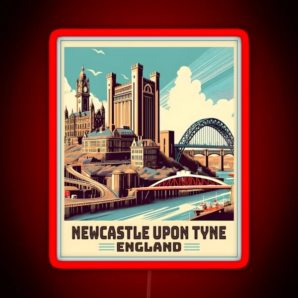 Vintage Retro Newcastle Upon Tyne England Landmarks RGB Neon Sign