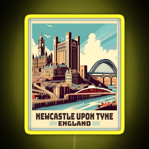 Vintage Retro Newcastle Upon Tyne England Landmarks RGB Neon Sign