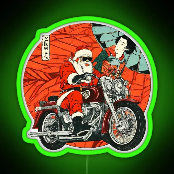 Vintage Santa Motorcycle Art Unique Christmas Biker Santa Claus Print Retro Holiday Cool Santa Biker Gift Fun RGB Neon Sign