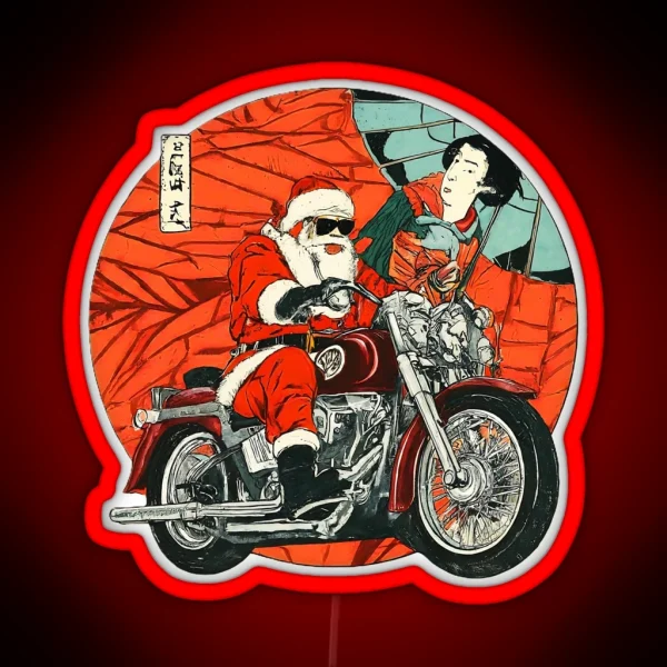 Vintage Santa Motorcycle Art Unique Christmas Biker Santa Claus Print Retro Holiday Cool Santa Biker Gift Fun RGB Neon Sign