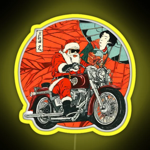 Vintage Santa Motorcycle Art Unique Christmas Biker Santa Claus Print Retro Holiday Cool Santa Biker Gift Fun RGB Neon Sign