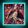 Vintage-style illustration of Shinobu, a blue-skinned anime character, in a neon-lit skeleton pose with RGB colors.