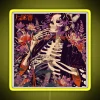 Neon sign with a vintage Shinobu Ohtake-inspired skeleton design in bright yellow and RGB colors.